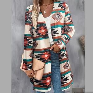 Aztec/Tribal Pattern Open Front Cardigan Casual Long Sleeve Mid Length